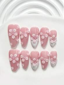 10 pièces Ensemble d'art des ongles acrylique élégant et mignon, ongles acryliques pressés, ongles à fleurs roses délicates à 5 pétales faits à la main, vernis à ongles blanc, kit d'ongles d'été idéal, comprend des outils à ongles (1 autocollant en gelée + 1 lime à ongles), 3 tailles disponibles : carré, carré court, amande, convient pour le quotidien, les fêtes, les séances photo, les déplacements au printemps et en été - Multicolore - Voir 14
