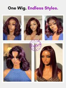 100%真人发假发，黑樱桃色，告别打结，7x5蕾丝无胶波波头抽绳水波纹假发，色泽浓郁亮丽，层次剪裁，预漂白打结，透气帽，适合所有头围，透明蕾丝，新手友好，Unice Hair - SPurple - 查看 8