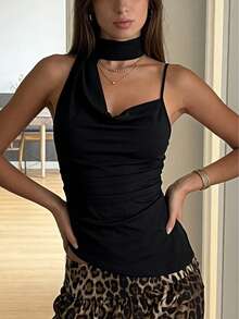 Women Summer Elegant Chic Cowl Neck Halter Black Party Tops Vintage Slim Sleeveless Top Camisole Graduation Festival Vacation Country Concert Beach Outfits ﻿ Casual - Black - View 8