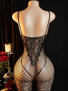 Sexy Lingerie Jumpsuit, Hollow Out Spaghetti Strap Jumpsuit, Women's Tight Jumpsuit - Black - View 4