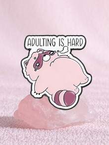 1pc "Adult Life Is Hard" Enamel Pin, Cute Raccoon Design Brooch, Lapel Pin, Backpack Decor, Jewelry Accessory, Gift For Friends - Pink - View 2