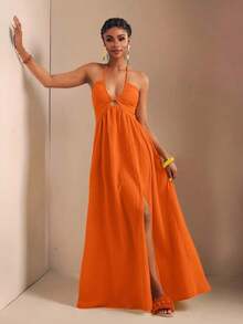 New Spring And Summer Casual Holiday Halter Neck Strapless Bust, Waist And Back A Swing Skirt With High Slit On The Front To The Thigh, Yellow Sea Stripe Women's Extra Long Dress-B Baby Blue Dress,Sun Dresses For Women - trái cam - Xem 3