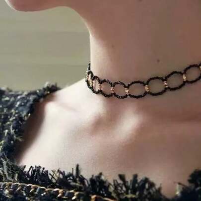 1pc Black Beaded Hollow Clavicle Chain, Handmade Short Clavicle Chain. Suitable For Girls To Wear At Parties, Music Festivals