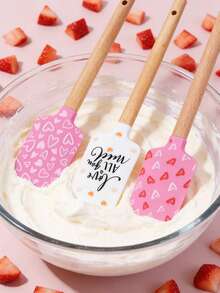 1pc Heart-Shaped Cake Spatula Set, Non-Stick Silicone Scraper, Valentine's Day Pattern, Heat-Resistant Baking & Cooking Utensil - Multicolor - View 2