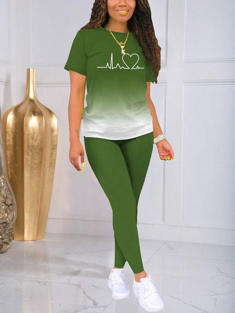 Casual Gradient ECG Print Short Sleeve T-Shirt And Leggings Set, Spring/Summer Elegant - Dark Green - View 1