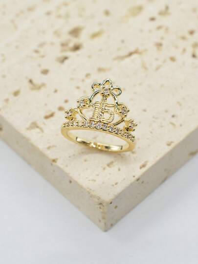 1 pieza Anillo de cobre elegante para mujer con número 15 grabado, diseño de corona con piedra de circonita sintética, adecuado para uso diario, fiestas, cumpleaños, regalos para adultos