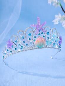 1pc Elegant Crystal Princess Crown, Starfish, Seashell, Mermaid Tail Hair Hoop, Performance/Birthday Gift Headband - Baby Blue - View 2