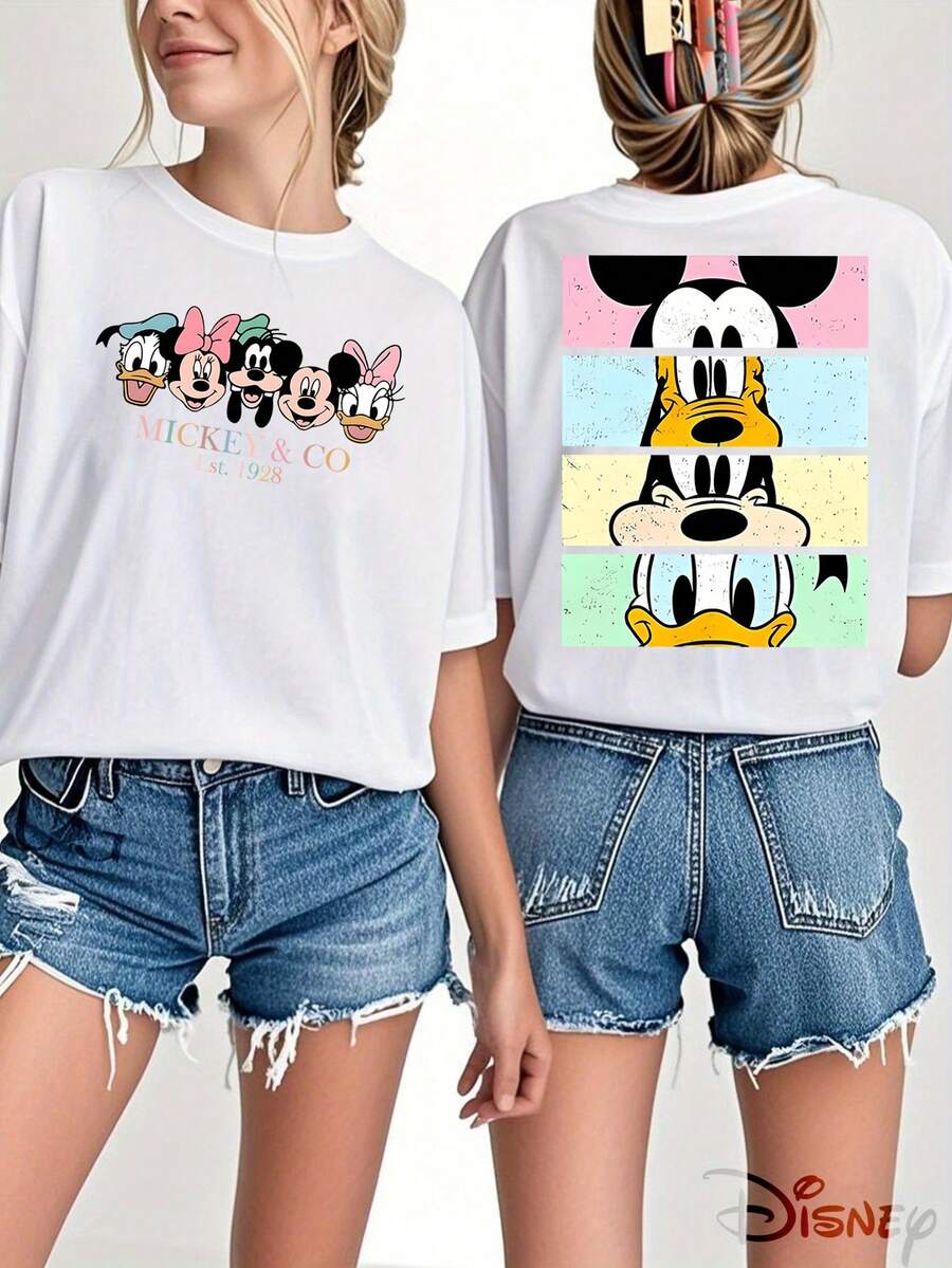Authorized By Disney, Mickey Mouse And Donald Duck Women's 100% Cotton T-Shirt-Creative Cartoon Print, Breathable Light Fabric, Regular Round Neck Summer Street Casual Shirt, Disney Shirt, Holiday Gift, The Same For Men And Women, Relaxed And Comfortable. - White - View 1