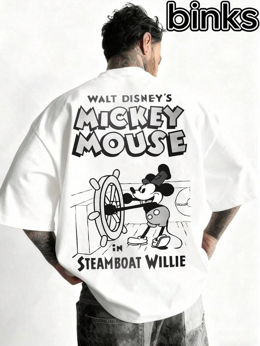 Disney Black And White Classic Image Mickey Mouse Captain Pattern Print, Cartoon Elements Fashionable Loose Short Sleeved Street Style T-Shirt, Spring And Summer Fashionable Versatile Top - 白色 - 查看 1