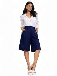 Women's Tailored Bermuda Shorts, Flare Style, Loose-Fitting, Formal Wear, Casual Workwear, Top Finish - 藏蓝色 - 查看 1