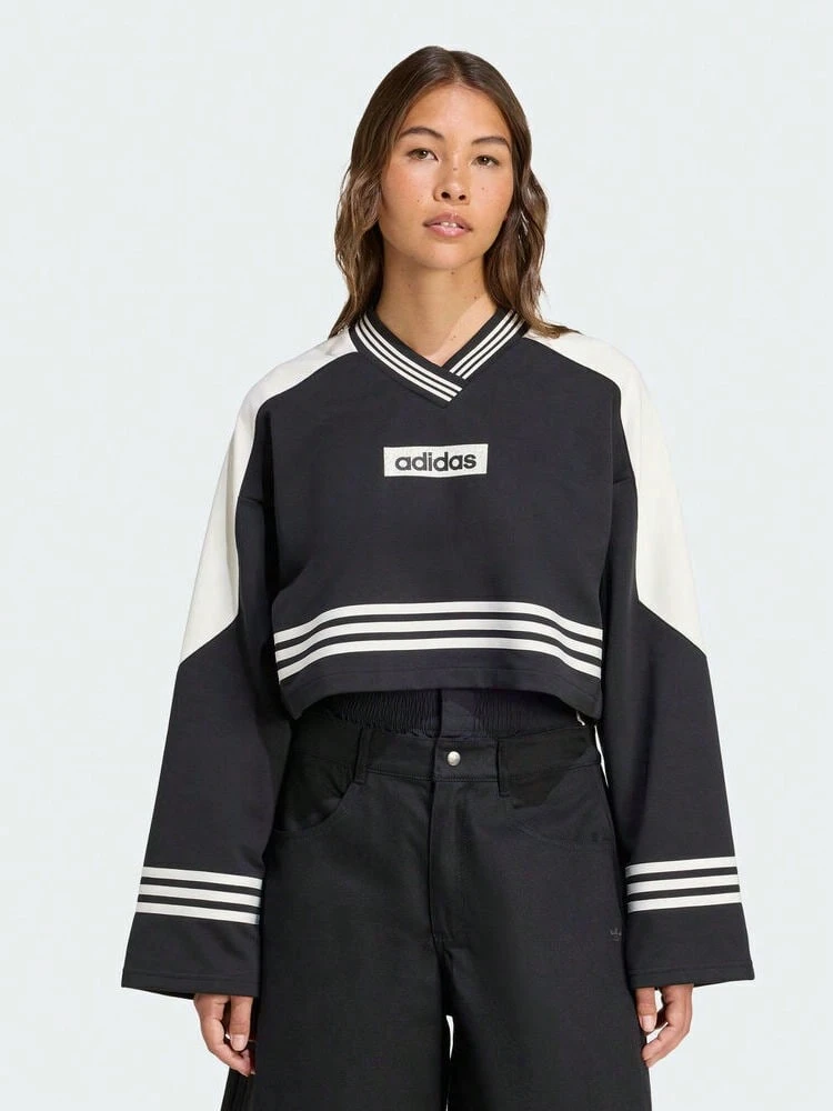 Adidas Originals 女士圆领卫衣，针织连帽卫衣 JW7273 - 黑色 - 查看 1