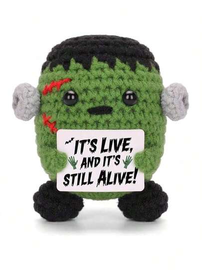 1 szt. pluszowych zabawek na Halloween z przodu szydełkowanych z napisami o tematyce grozy, ręcznie tkane lalki, prezenty na imprezę halloweenową (zielone)