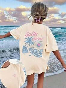 2026 New Arrival Women's High Quality Salty Soul Graphic T-Shirt, Premium Cotton Vintage Washed Oversized Tee With Palm Tree & Beach Print, Casual Short Sleeve Top Perfect For Spring & Autumn, Spring Break, Back To School And Seaside Vacation Getaways - Màu be - Xem 7