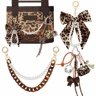 一套男女通用仿珍珠蝴蝶结钥匙扣吊坠，海滩度假系列礼物，送给朋友的钥匙扣配饰，汽车配饰，女士礼物，高端小蝴蝶结包挂饰编织袋，仿珍珠链，女士配饰