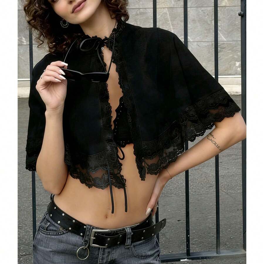 Y2k Cloak Shawl Top Women Tie Up Lace Pactwork Gothic Lolita Cloak Cape Wraps Top For Party - 黑色 - 查看 1