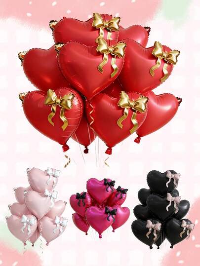 2/5pcs 22-Inch Heart-Shaped Foil Balloons With Cute Mini Bows, Pink, Red, Black, Burgundy Heart Balloons Suitable For Birthday Party, Princess Theme, Bow Theme, Proposal Anniversary, Christening, Bridal Shower, Masquerade Ball, Events, Mother's Day, Graduation Decoration