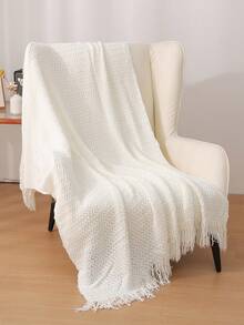1pc Solid Color Knitted Blanket, Nordic Style Tassel Design Soft Throw Blanket, Suitable For Office Nap, Bed, Sofa, Daily Use - White Seashell Scarf - View 3