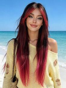 24 Inch Layered Auburn Synthetic Wig, Soft Heat Resistant Hair With Natural Bangs For Daily Wear - Red Ombre - View 2