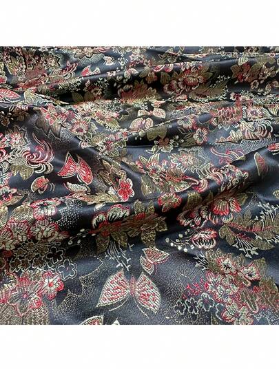1件优雅提花锦缎面料，黑色，花卉图案，高品质缎面材质，非常适合缝纫、室内装饰或派对装饰、DIY手工制作，幅宽29.5英寸，130克/平方米