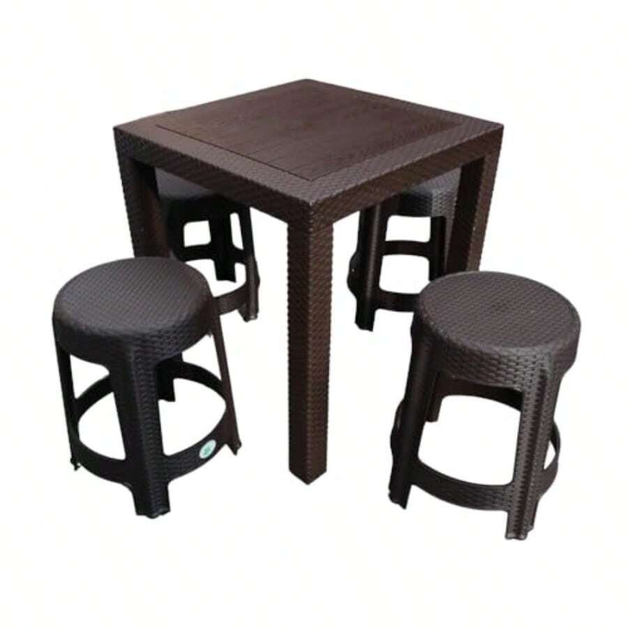 MR. GADGETS Mesa Estilo Textura Ratán 80x80x74cm con 4 Bancos Redondos Comedor de Plástico Reforzado Uso Rudo Resistente Comodo Juego de Muebles para Jardín Exteriores Chocolate - Chocolate - Ver 1