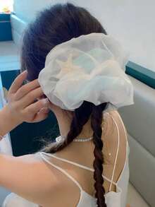 海洋星贝壳双层纱布细闪20厘米大号发圈，纤细款女士大号发圈，欧根纱纯色优雅高端发饰发圈，超仙气双面欧根纱马尾发圈，适合日常使用、节日、派对活动、度假旅行、海边，节日送给女孩的礼物，发饰发圈 - 藍色 - 查看 2