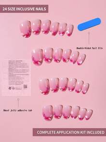 Instantly Upgrade Your Look With,24pcs Short Oval,Pink Gradient Colorful Flowers Simple Press On Nails Short Perfect FitFalse Nail Set,Contains 1pc Nail File1 Pcs Jelly Glue,ForWomen & Girl - Multicolor - View 3