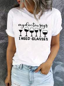 Camiseta casual con estampado de vino y letras Camiseta estampada con cuello redondo Camiseta estampada con cuello redondo, top casual de manga corta - Blanco - Ver 6