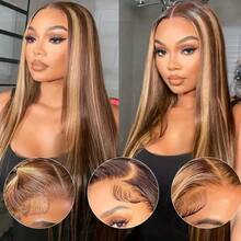 24英寸即戴即用无胶假发，5*5前蕾丝闭合式假发，200%密度直发蕾丝前假发，混合发丝，预先拔毛，13x4/13*6高清蕾丝前额，漂白发结，所有步骤均已完成，4/27蜂蜜金无胶假发，女士款 - SP4/27 - 查看 6