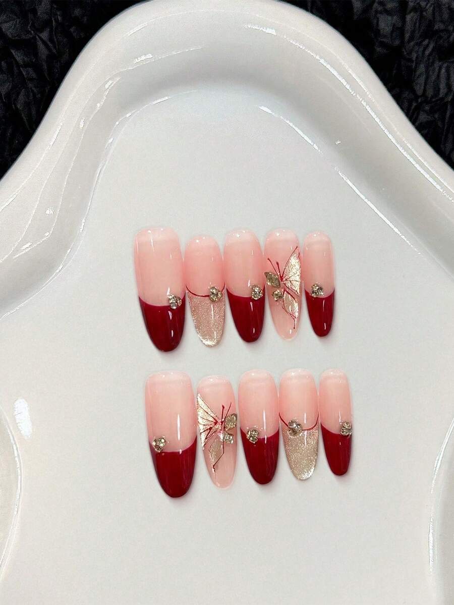 10Pcs Burgundy Gold Butterfly Press On Nails Elegant Design For Party And Daily Use - Multicolor - View 1