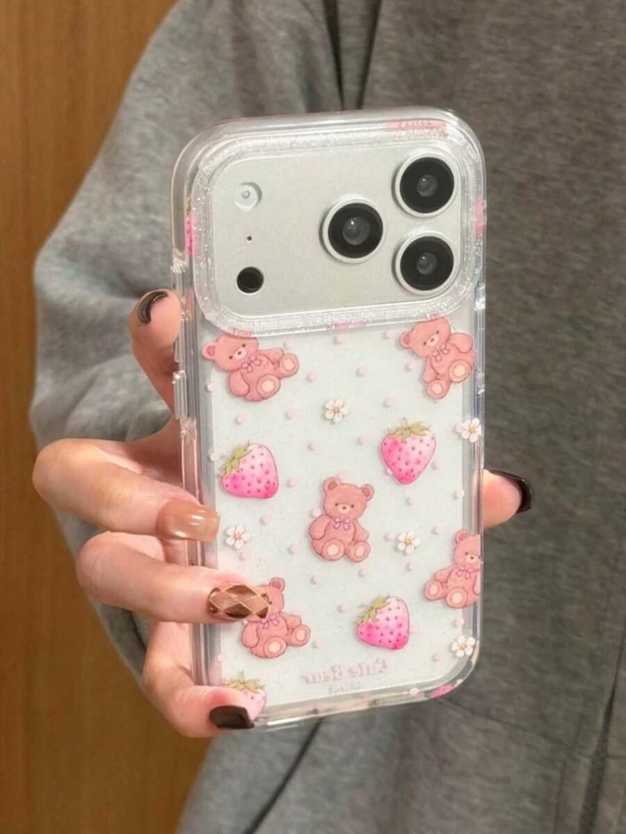 Polka Dot Strawberry Bear Compatible With IPhone 17 Pro Max Phone Case, Transparent Airbag Dual-Layer Protective Cover, Cartoon Niche Design For IPhone 16 Pro, 15, 14, 13 - Pink - View 1