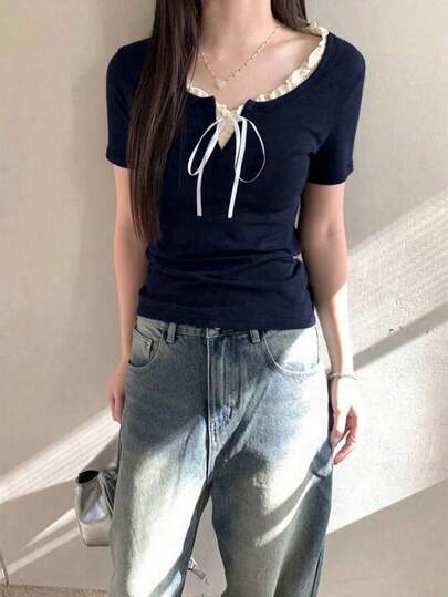 Women's Short Sleeve Round Neck Tie-Front Ruffle Hem 2-In-1 T-Shirt, Regular Length, High Stretch Fabric