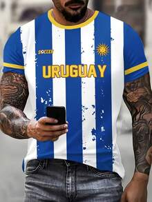 Men's Soccer Jersey - Lightweight Breathable Crew Neck Short Sleeve, Prominent "Uruguay" Print And National Emblem, Blue And Yellow Striped Casual Summer Wear, Suitable For Sports And Vacation, Machine Washable, Easy Care Fabric, Holiday Outfit, Sports Style, Durable Construction, Fan Apparel - Multicolor - View 7