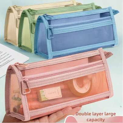 Dual-Layer Transparent Mesh Pencil Case, Large Capacity Stationery Bag For Students Exam, Morandi Grid Mesh Pencil Pouch With Handle And Zipper, Transparent Dual-Layer Pencil Bag, Travel Cosmetic Bag, Cute Transparent Stationery Storage Bag, Suitable For Adults, Office, And School