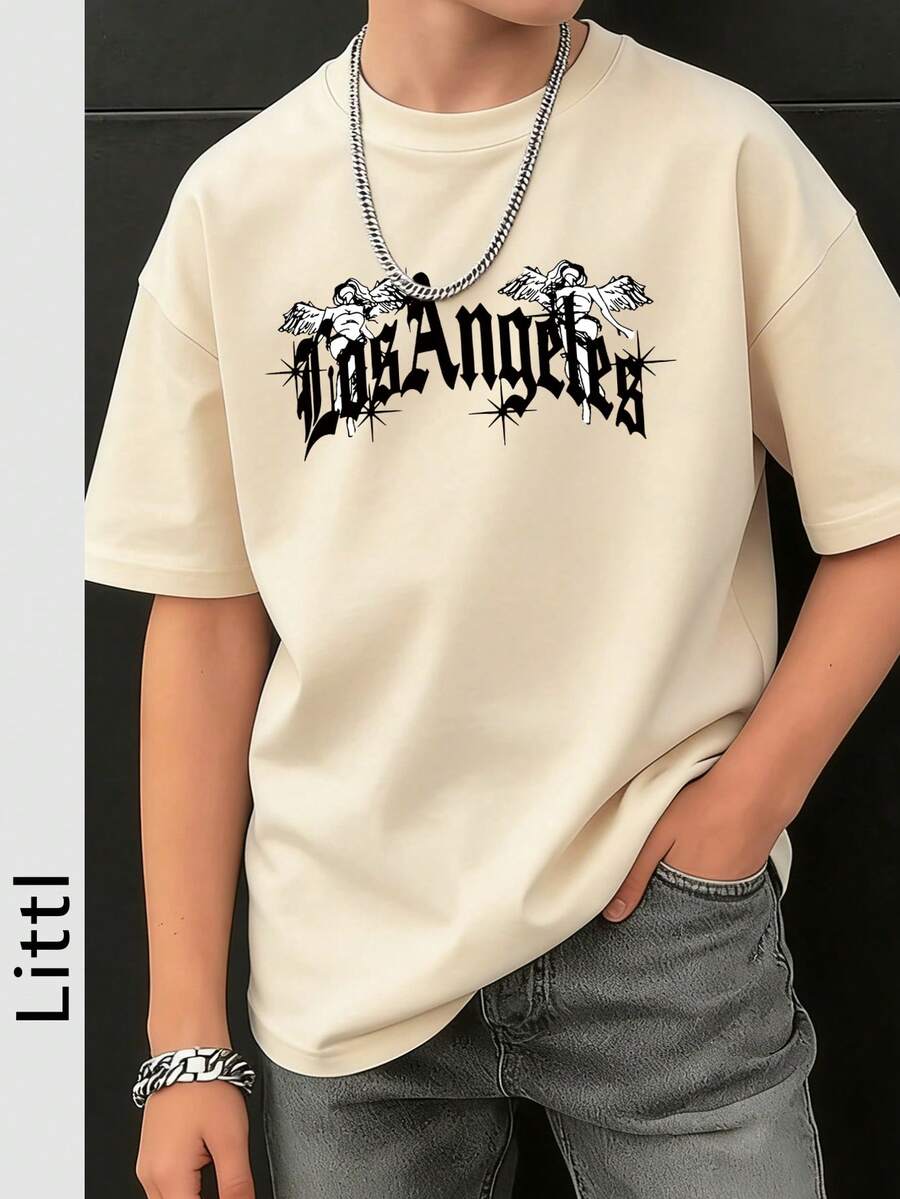 Tween Boys Casual Printed Black Crew Neck Short Sleeve T-Shirt, Summer Top - Apricot - View 1