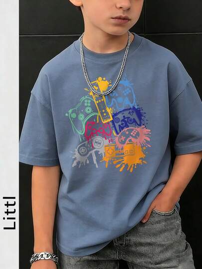 Casual Print Gray & Blue Round Neck Pullover Short Sleeve T-Shirt For Boys & Teenagers, Summer