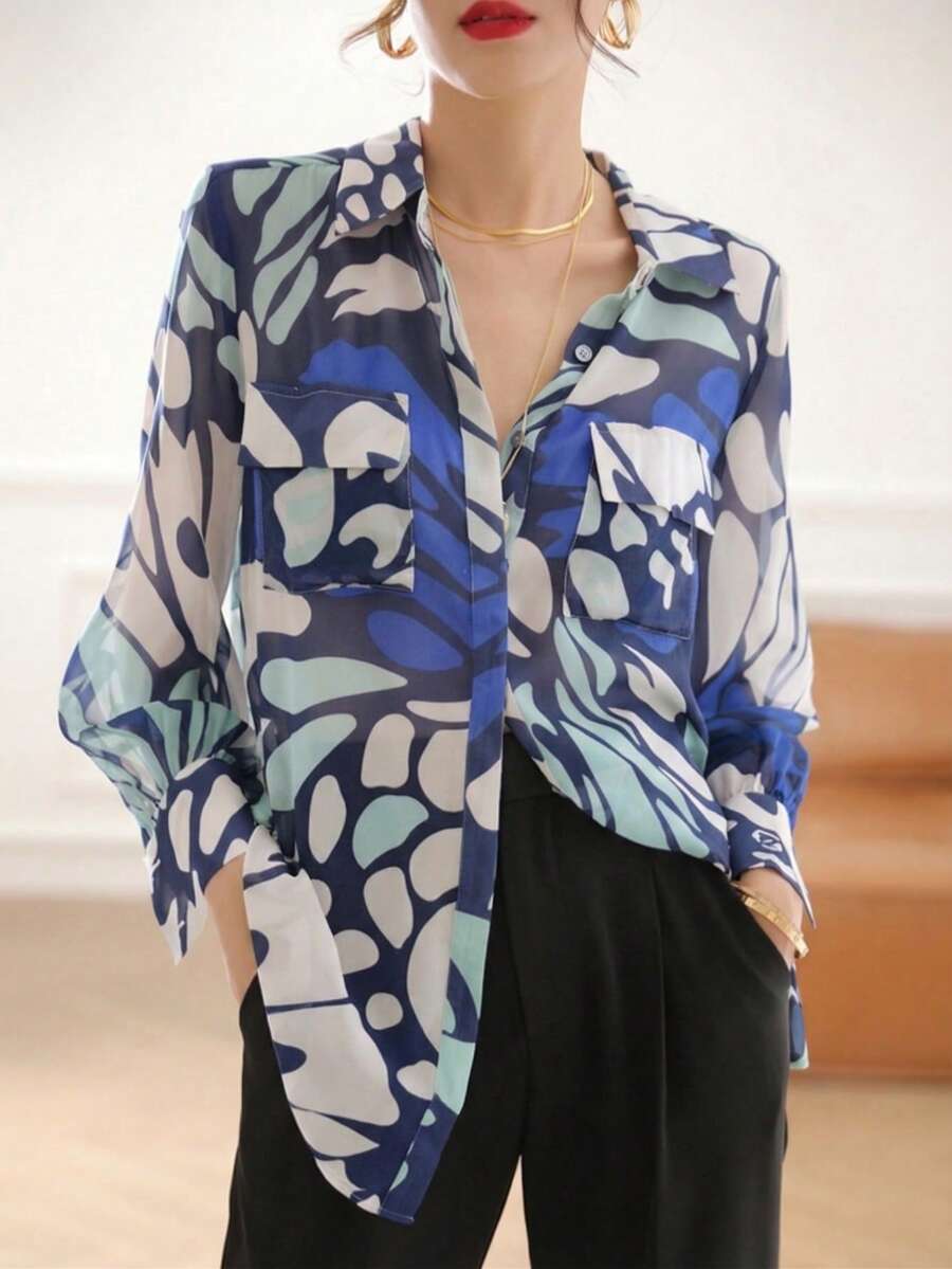 YUXIN 复古抽象印花雪纺女式衬衫，实用口袋，宽松长袖，适合办公和休闲场合，轻盈透气，适合春、夏、秋季穿着。