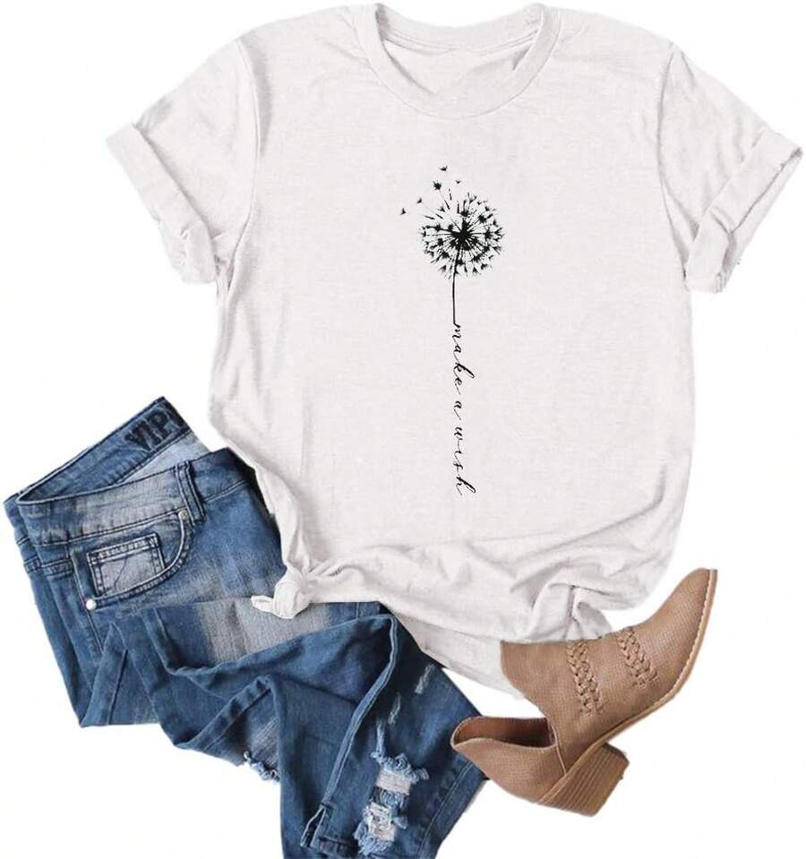 MaQiYa Womens Cute Make A Wish Dandelion Printed Tee Shirts Summer Cotton Vintage Graphic Tees Tops Anti-Wrinkle Cotton T-Shirt - 白色 - 查看 1