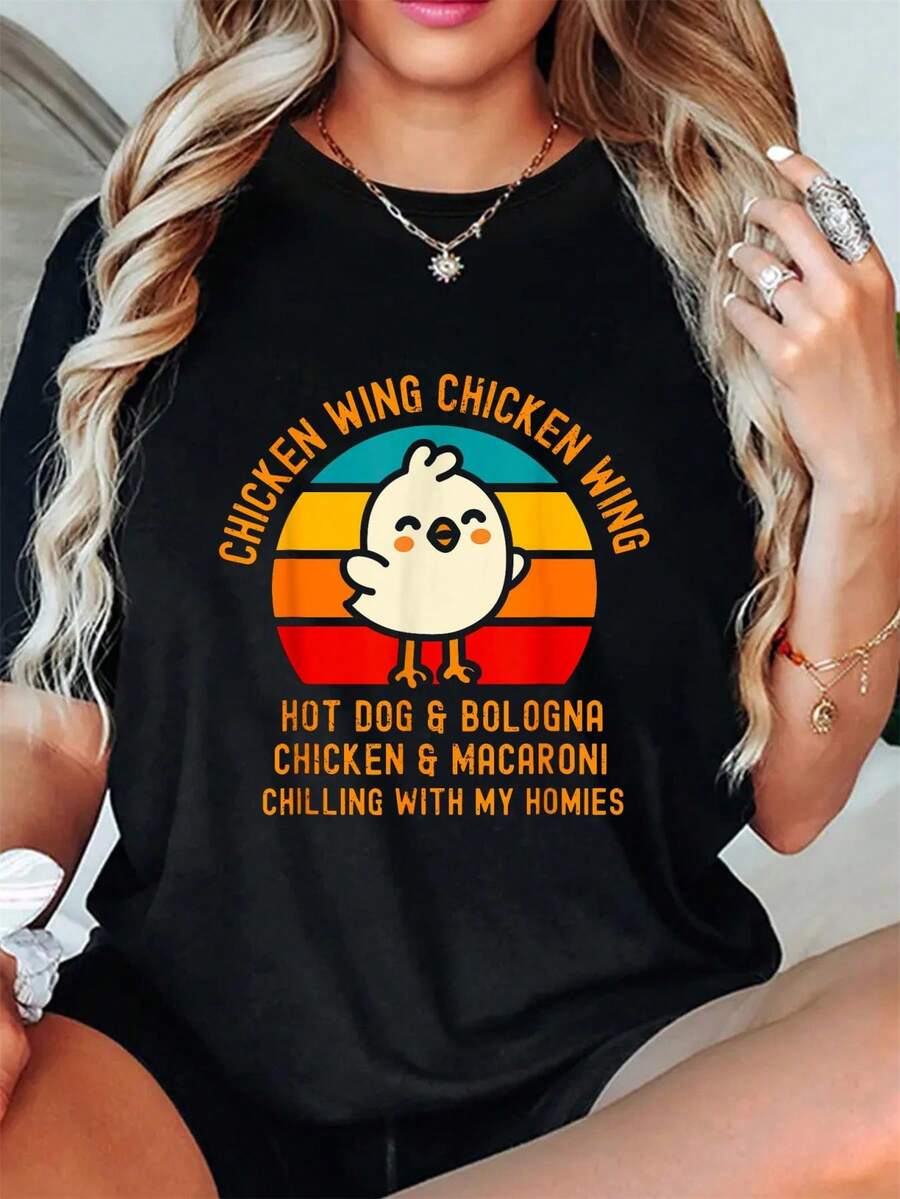 Camiseta divertida de verano para niño con alitas de pollo, perrito caliente y mortadela, manga corta y cuello redondo, para verano y primavera, para mujer. - Negro - Ver 1