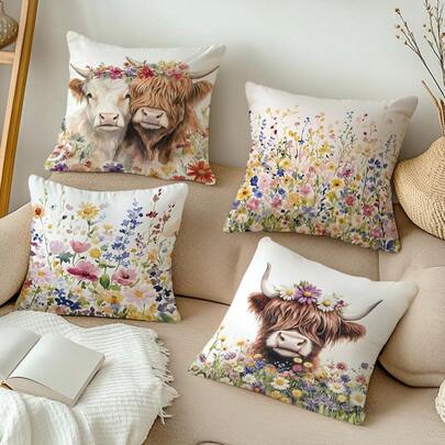 4pcs Scottish Highlands Cow Pillow Covers, Floral Spring Outdoor Cushion Covers, Farmhouse Country Garden Decor, Single-Sided Without Insert