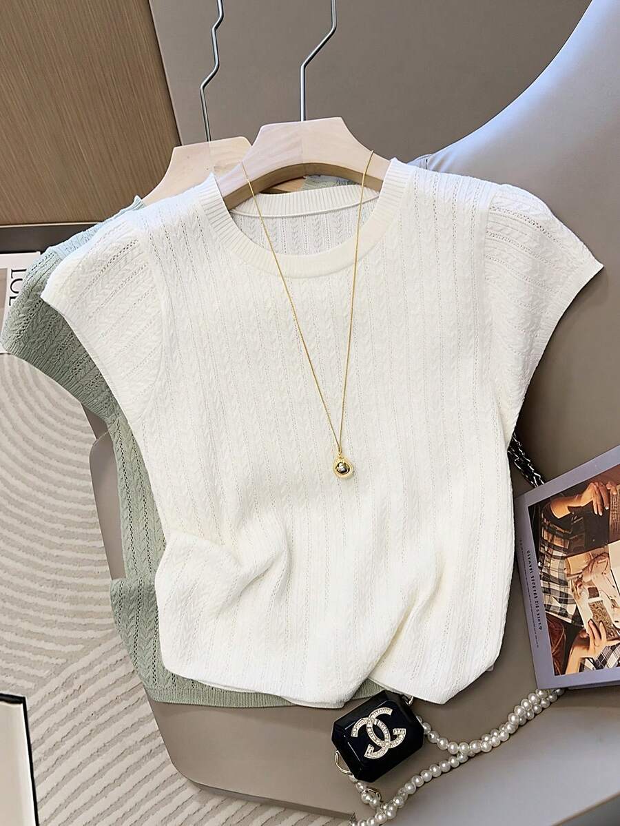 Leichtes, locker sitzendes Lässig-T-Shirt in Große Größen für Damen, mit elegantem Blumen-Jacquard-Strick, geeignet für den Weg zur Arbeit, Zuhause und Outdoor-Aktivitäten im Sommer - Aprikosenfarben - Übersicht 1