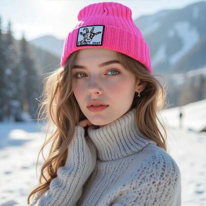 1pc Unisex Goat Embroidery Patch Knit Beanie Hat, Suitable For Casual, Sports, Party Wear