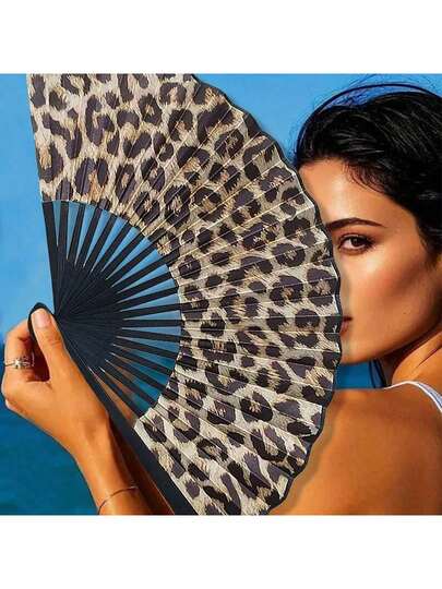 Fashion Leopard Print Folding Hand Fan Black Frame Princess Style Design Lightweight Portable Spring Summer Matching Decor Photo Shooting Bridesmaid Gift Travel Vacation Bedroom Room Decor Unisex