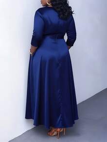 Women's Elegant Mid-Length A-Line Dress With Round Neck, 3/4 Sleeves, Tie Waist, Pockets, Suitable For Formal Evening Occasions Spring - Royal Blue - View 6