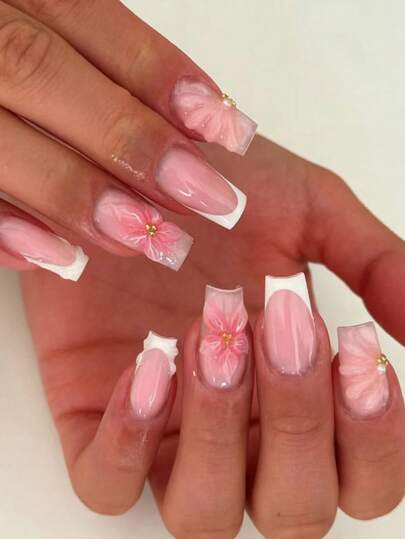 24pcs Rectangular 3D Faux Flower Nail Art False Nails Set, Includes 1 Bottle Gel Glue And 1 Nail File, White French Manicure And Summer Nails, Suitable For Women's Daily Work, Festivals And Parties