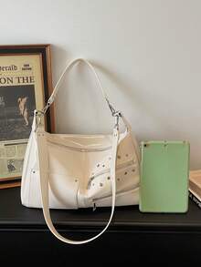 1件装女士铆钉朋克摩托车包设计多口袋单肩包大容量时尚通勤包配2条肩带 - 米色 - 查看 5