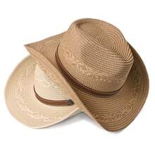 1 pieza Sombrero de paja estilo vaquero clásico minimalista bohemio con hebilla de costura marrón, adecuado para hombres y mujeres, playa, fiesta en el campo, protección solar - sombrero de paja - Ver 3