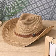 1 pieza Sombrero de paja estilo vaquero clásico minimalista bohemio con hebilla de costura marrón, adecuado para hombres y mujeres, playa, fiesta en el campo, protección solar - sombrero de paja - Ver 11