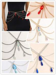 1pc Women's Gothic-Style Waist Chain With Teardrop Shaped Crystal For Christmas, Halloween, Wedding, Party And Everyday Wear, 105cm In Length Summer, School Fall, Autumn, Halloween CBRF - 銀色 - 查看 2