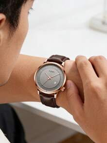 Reloj de pulsera minimalista de negocios para hombres TOMI con correa de cuero y fecha de 4 dígitos - Marrón - Ver 4