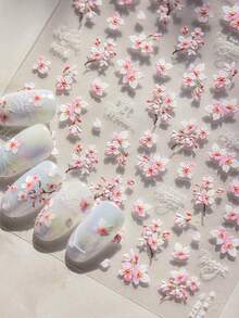 1pc 5D Embossed Pink Flower Nail Sticker, Popular Japanese Stationery Vintage Spring Sakura Nail Art Decor Sticker Nail Stickers - Multicolor - View 3